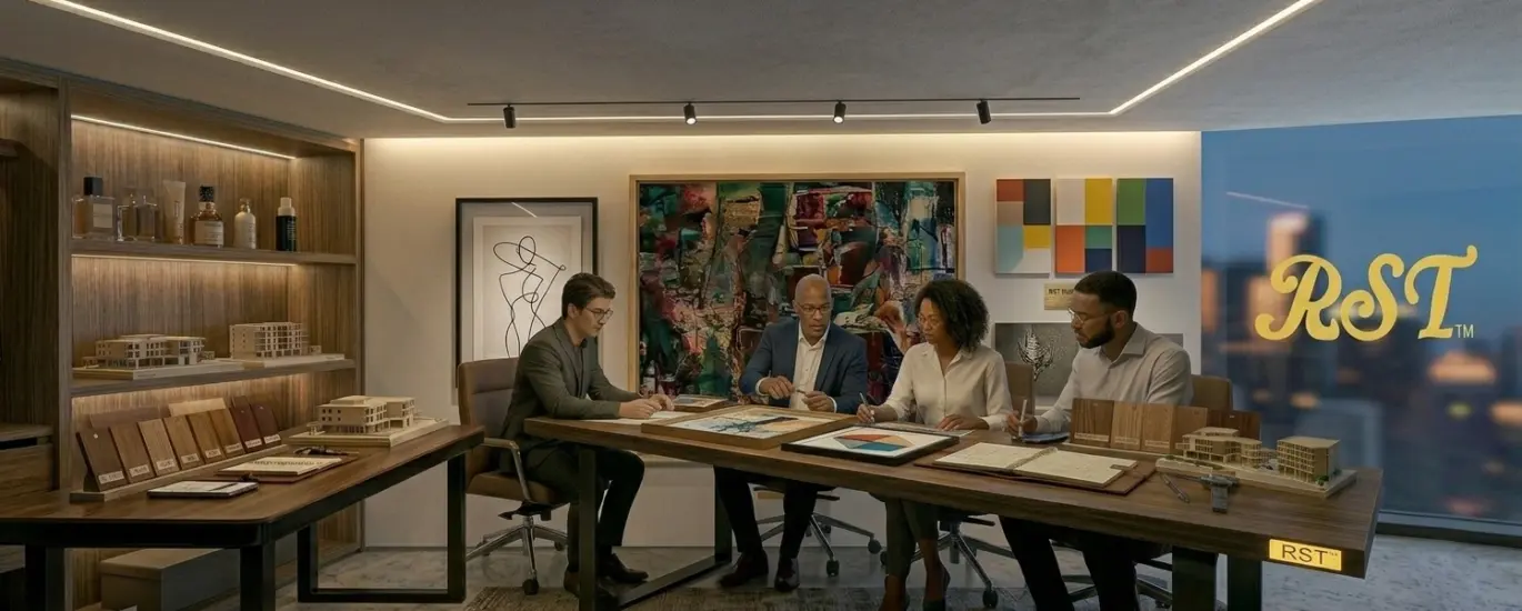 A B2B design collaboration in a luxury penthouse, with four designers reviewing blue prints, wood samples, and a detailed building model under modern cove lighting.