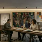 A B2B design collaboration in a luxury penthouse, with four designers reviewing blue prints, wood samples, and a detailed building model under modern cove lighting.