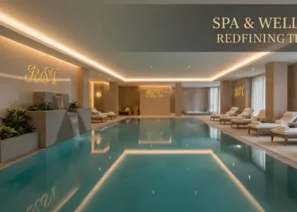 Modern luxury indoor spa and wellness area design by RST featuring a calm water pool, stone fountain, and relaxation lounge for hospitality projects.