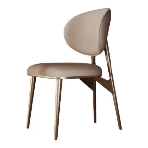 Modern grey leather dining chair with sculptural gold stainless steel frame for luxury interiors.