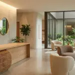 A wide-angle panoramic view of a luxury hotel lobby featuring organic hospitality decor, a minimalist wooden reception desk, and the RST logo mounted on a textured concrete wall.