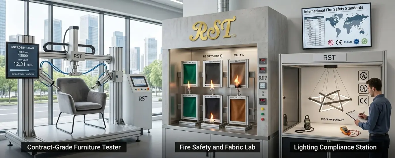 A panoramic view of a professional furniture and lighting compliance laboratory featuring three specialized testing stations: a mechanical durability tester for a grey armchair, a fire safety chamber for upholstery fabrics, and a lighting electrical compliance station with a technician.