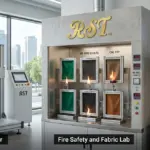 A panoramic view of a professional furniture and lighting compliance laboratory featuring three specialized testing stations: a mechanical durability tester for a grey armchair, a fire safety chamber for upholstery fabrics, and a lighting electrical compliance station with a technician.