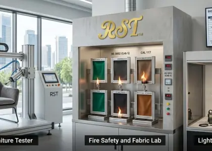 A panoramic view of a professional furniture and lighting compliance laboratory featuring three specialized testing stations: a mechanical durability tester for a grey armchair, a fire safety chamber for upholstery fabrics, and a lighting electrical compliance station with a technician.