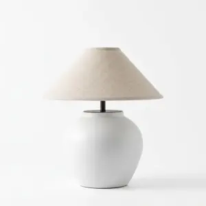Minimalist pure white ginger jar ceramic table lamp with beige linen shade for luxury hospitality projects.