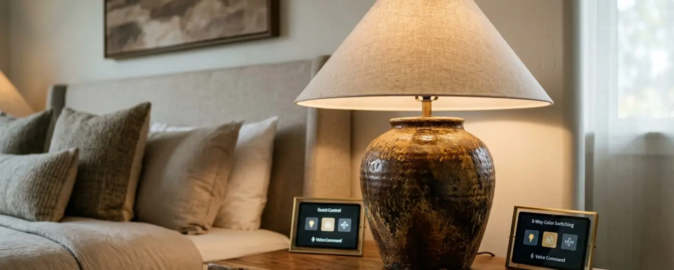 Earth tone rustic ceramic table lamp with tan fabric shade for luxury hotel bedside lighting.
