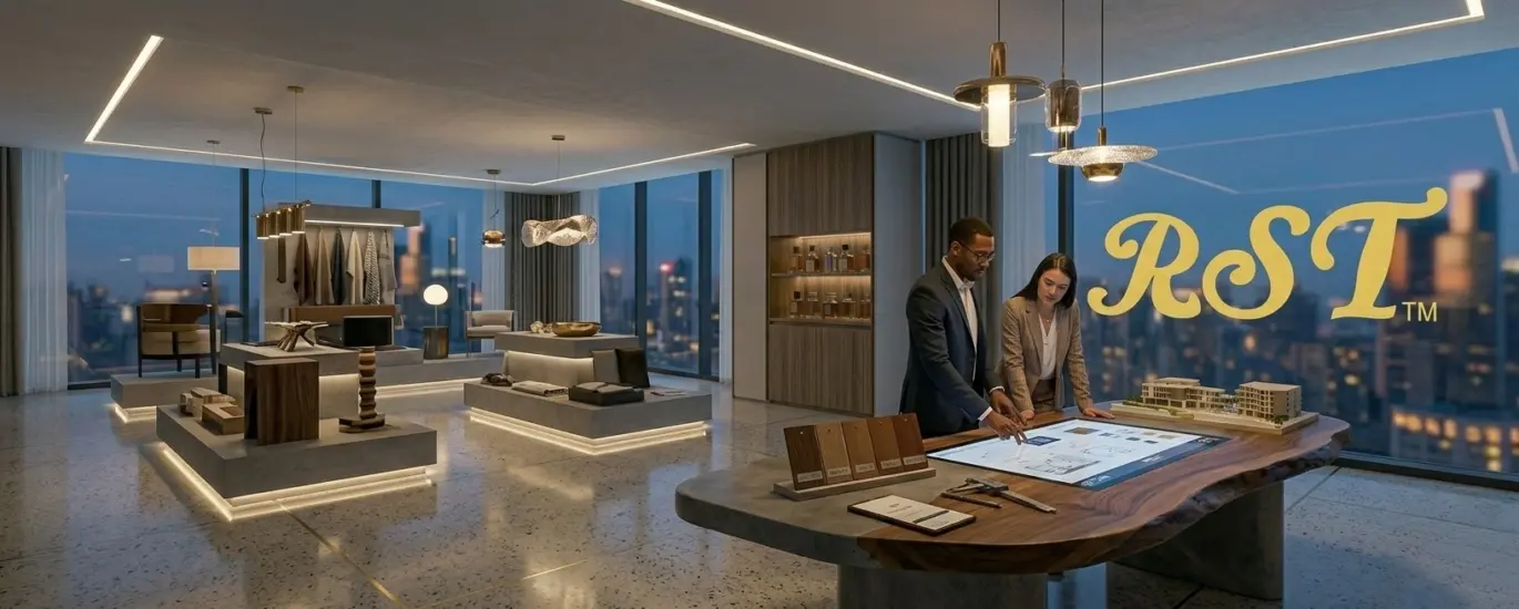 A luxury B2B showroom interior featuring interior designers collaborating over a smart digital blueprint table, with premium furniture displays and a large RST™ logo on the panoramic glass window overlooking a city skyline.