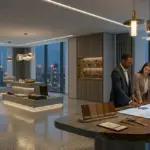 A luxury B2B showroom interior featuring interior designers collaborating over a smart digital blueprint table, with premium furniture displays and a large RST™ logo on the panoramic glass window overlooking a city skyline.