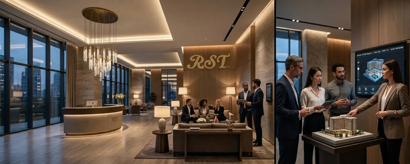 RST brand logo displayed on a wooden feature wall within a luxury hotel lobby featuring smart lighting integration and professional architects discussing a project.