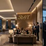 RST brand logo displayed on a wooden feature wall within a luxury hotel lobby featuring smart lighting integration and professional architects discussing a project.