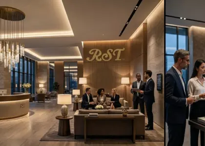 RST brand logo displayed on a wooden feature wall within a luxury hotel lobby featuring smart lighting integration and professional architects discussing a project.