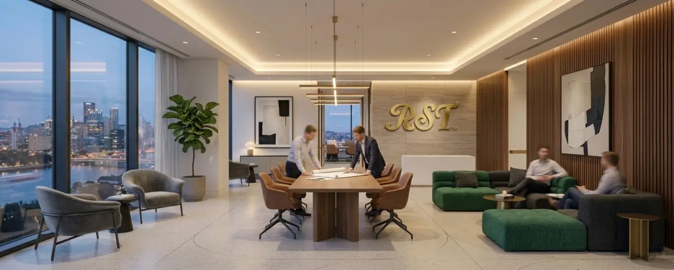 A panoramic view of a sophisticated RST corporate lounge and collaborative space at twilight, with floor-to-ceiling windows overlooking a city skyline. The interior features geometric grey velvet armchairs, green modular sofas, a minimalist long wooden meeting table where two people discuss plans, and a large gold script 'RST' logo on a textured stone wall.