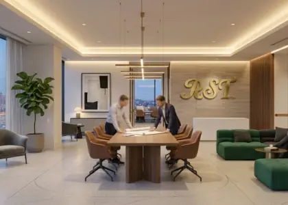 A panoramic view of a sophisticated RST corporate lounge and collaborative space at twilight, with floor-to-ceiling windows overlooking a city skyline. The interior features geometric grey velvet armchairs, green modular sofas, a minimalist long wooden meeting table where two people discuss plans, and a large gold script 'RST' logo on a textured stone wall.