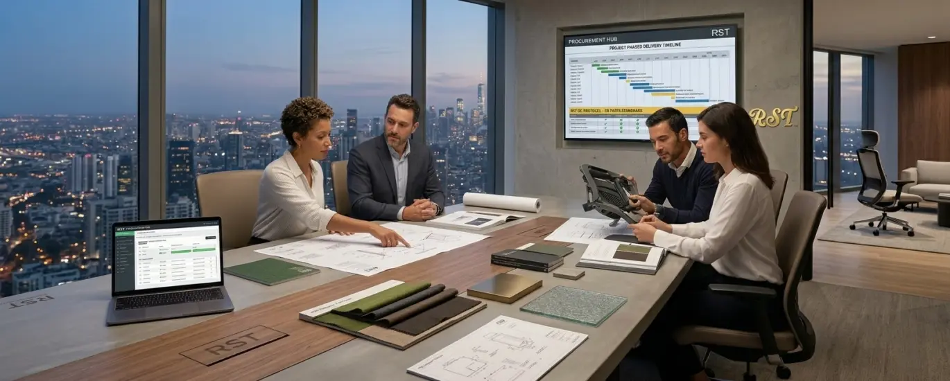 A panoramic view of a professional B2B procurement meeting in a high-rise office at twilight, featuring a team of four designers and contractors reviewing blueprints and material samples, with a gold RST logo on the wall and a project timeline on a wall-mounted screen.