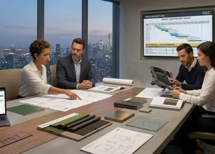 A panoramic view of a professional B2B procurement meeting in a high-rise office at twilight, featuring a team of four designers and contractors reviewing blueprints and material samples, with a gold RST logo on the wall and a project timeline on a wall-mounted screen.