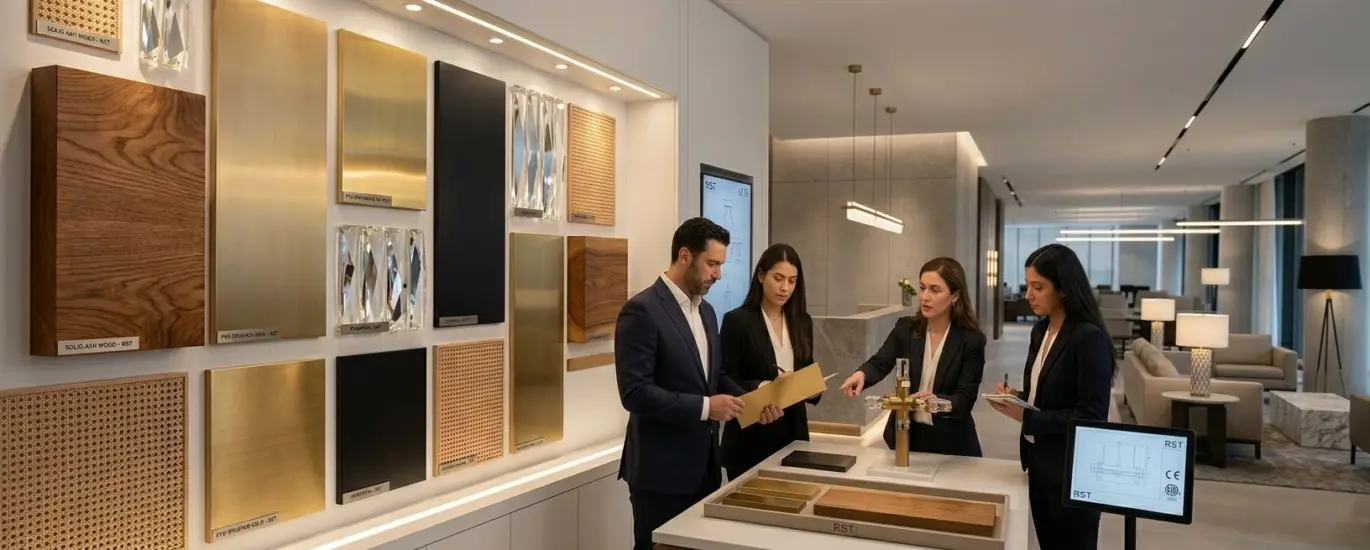 A panoramic view of an upscale architectural material showroom where four professional designers and consultants are reviewing high-end finish samples. The scene includes a feature wall displaying wood veneers, PVD-coated metal panels, and crystal glass, with an RST-branded digital screen and a luxury lounge area in the background.