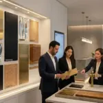 A panoramic view of an upscale architectural material showroom where four professional designers and consultants are reviewing high-end finish samples. The scene includes a feature wall displaying wood veneers, PVD-coated metal panels, and crystal glass, with an RST-branded digital screen and a luxury lounge area in the background.