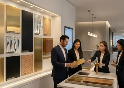 A panoramic view of an upscale architectural material showroom where four professional designers and consultants are reviewing high-end finish samples. The scene includes a feature wall displaying wood veneers, PVD-coated metal panels, and crystal glass, with an RST-branded digital screen and a luxury lounge area in the background.
