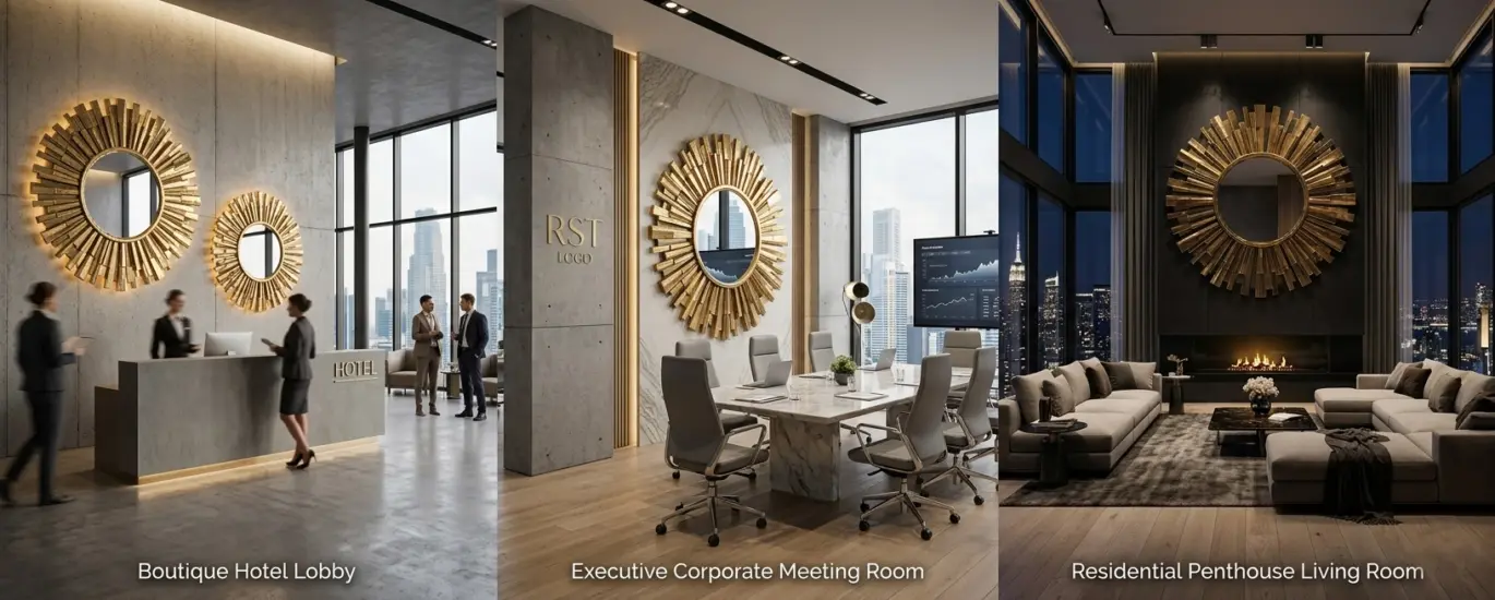 A high-end panoramic triptych showcasing the Sunburst Artisan Decorative Mirror in three professional settings: a modern boutique hotel lobby with a concierge desk, an executive corporate boardroom with a marble table, and a luxury residential penthouse living room featuring a fireplace and city skyline.
