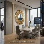 A high-end panoramic triptych showcasing the Sunburst Artisan Decorative Mirror in three professional settings: a modern boutique hotel lobby with a concierge desk, an executive corporate boardroom with a marble table, and a luxury residential penthouse living room featuring a fireplace and city skyline.