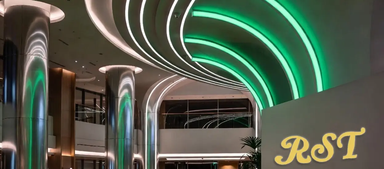 A sustainable modern lighting infographic featuring the RST logo on a green-accented architectural wall, showcasing aluminum recycling symbols, thermal management diagrams for L90/B10 longevity, and smart energy-saving icons for BMS and Zigbee integration.