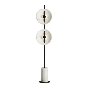 Luxury white twin shell floor lamp with resin discs and marble base, customizable for hotel hospitality and B2B projects.