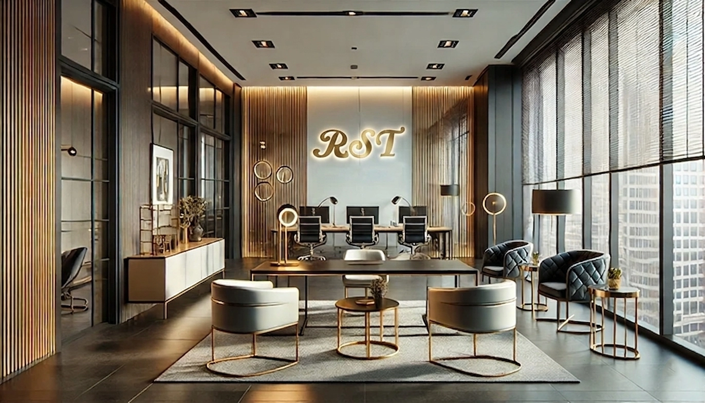 Luxury corporate office interior featuring RST designer furniture, architectural lighting, and gold-accented seating in a modern high-rise setting