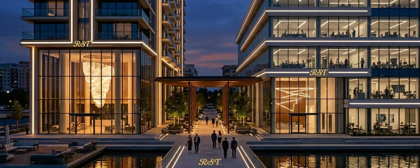 Modern contract lighting solutions by RST for luxury hotel lobby, corporate office building, and exterior architectural design.