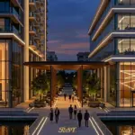 Modern contract lighting solutions by RST for luxury hotel lobby, corporate office building, and exterior architectural design.