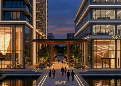 Modern contract lighting solutions by RST for luxury hotel lobby, corporate office building, and exterior architectural design.
