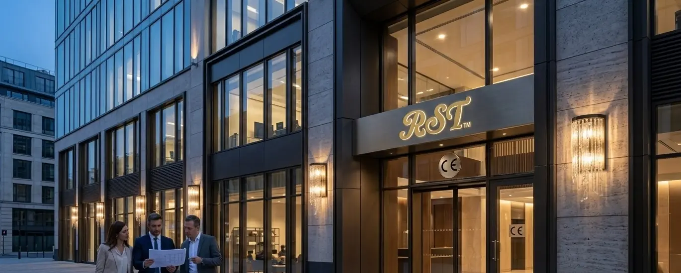 Professional architects and developers reviewing project blueprints in front of a modern building featuring CE-certified luxury glass sconces by RST Designer Furniture.