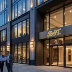 Professional architects and developers reviewing project blueprints in front of a modern building featuring CE-certified luxury glass sconces by RST Designer Furniture.