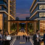 Integrated professional lighting solutions by RST for a luxury hospitality tower (left) and modern corporate office building (right) at dusk, showcasing grand chandeliers, linear office lighting, and illuminated landscapes.