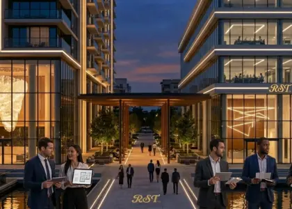 Integrated professional lighting solutions by RST for a luxury hospitality tower (left) and modern corporate office building (right) at dusk, showcasing grand chandeliers, linear office lighting, and illuminated landscapes.