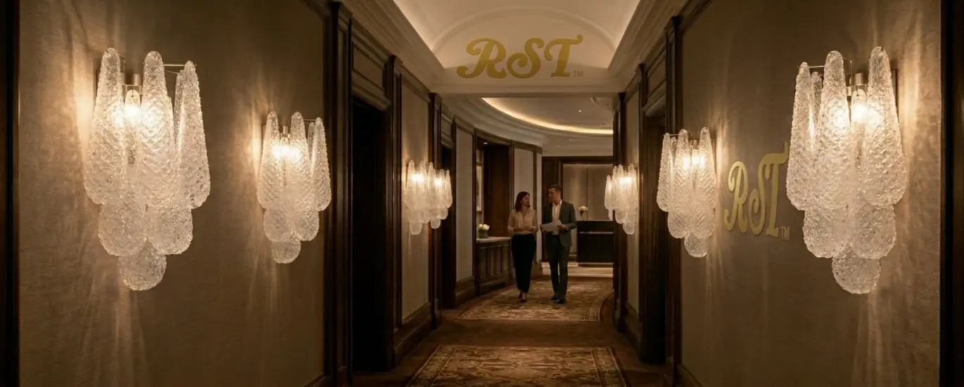 Custom hand-blown textured glass waterfall wall sconce by RST Designer Furniture installed in a luxury hotel hallway with professional designers.
