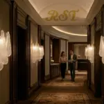 Custom hand-blown textured glass waterfall wall sconce by RST Designer Furniture installed in a luxury hotel hallway with professional designers.