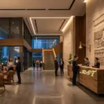Luxury hospitality lobby featuring RST professional lighting solutions, including a grand crystal chandelier and bespoke wall sconces, showcasing high-end contract interior design.