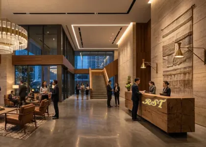 Luxury hospitality lobby featuring RST professional lighting solutions, including a grand crystal chandelier and bespoke wall sconces, showcasing high-end contract interior design.