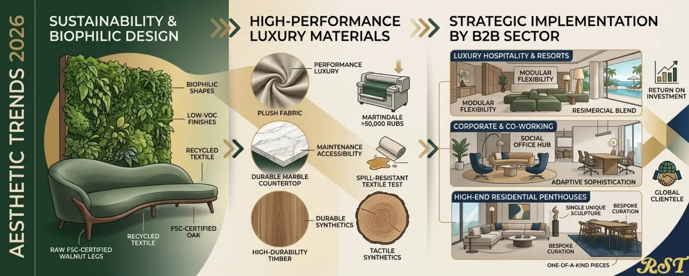 An infograph showing hotel furniture trends in 2026, covering pro-Bio Design, FSC certified wood, high Martindale abrasion resistant fabrics, and modular furniture solutions for luxury hotels and office spaces.