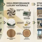 An infograph showing hotel furniture trends in 2026, covering pro-Bio Design, FSC certified wood, high Martindale abrasion resistant fabrics, and modular furniture solutions for luxury hotels and office spaces.