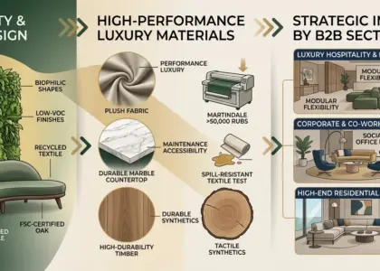 An infograph showing hotel furniture trends in 2026, covering pro-Bio Design, FSC certified wood, high Martindale abrasion resistant fabrics, and modular furniture solutions for luxury hotels and office spaces.