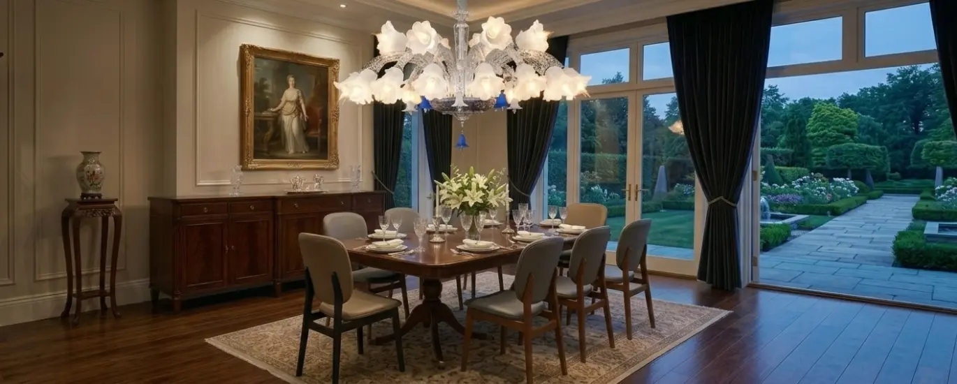 A high-resolution image of a grand crystal chandelier hanging over a dining table with a mix of wood and leather chairs. The table is set for dinner, and a large painting in a gold frame is on the wall.