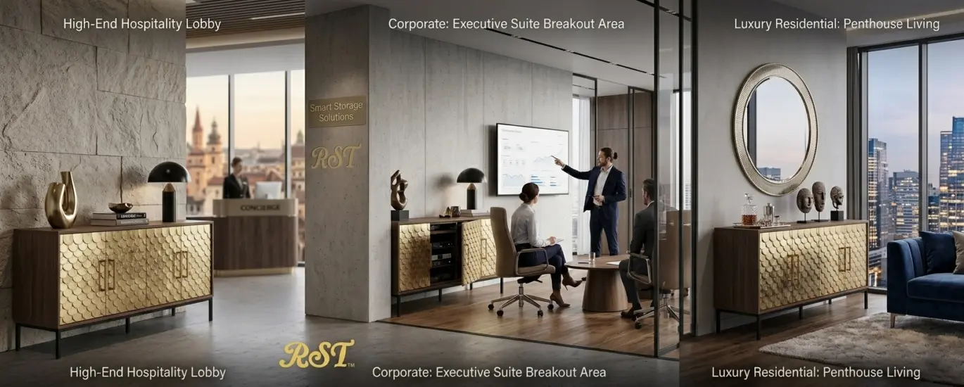 A panoramic 16:6.4 hero image showing the RST Automated Scaled Gold Sideboard in a luxury hotel lobby, a smart corporate boardroom with the RST logo, and a high-end penthouse living room.