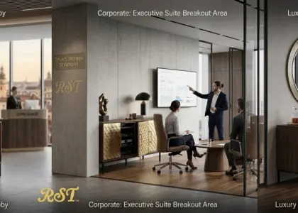A panoramic 16:6.4 hero image showing the RST Automated Scaled Gold Sideboard in a luxury hotel lobby, a smart corporate boardroom with the RST logo, and a high-end penthouse living room.