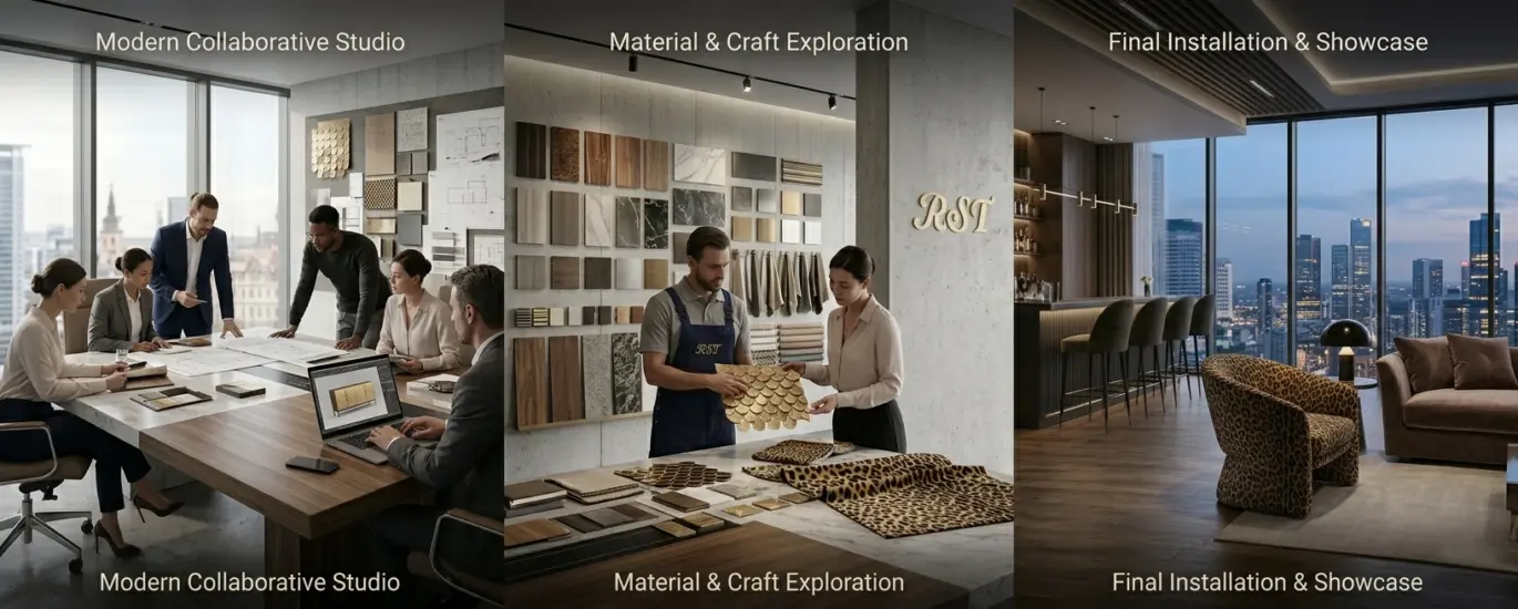 A wide panoramic image in three panels showcasing the RST Bespoke Design Team collaborating with architects, exploring custom material finishes, and supervising the final installation of tailored furniture in a luxury hotel lobby.