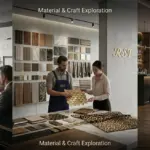 A wide panoramic image in three panels showcasing the RST Bespoke Design Team collaborating with architects, exploring custom material finishes, and supervising the final installation of tailored furniture in a luxury hotel lobby.