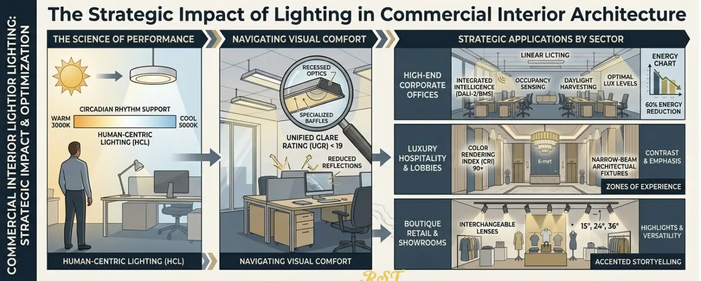 An infograph showing the commercial lighting strategy, including human factor lighting (HCL) Circadian rhythm support, UGR