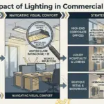 An infograph showing the commercial lighting strategy, including human factor lighting (HCL) Circadian rhythm support, UGR