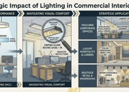 An infograph showing the commercial lighting strategy, including human factor lighting (HCL) Circadian rhythm support, UGR