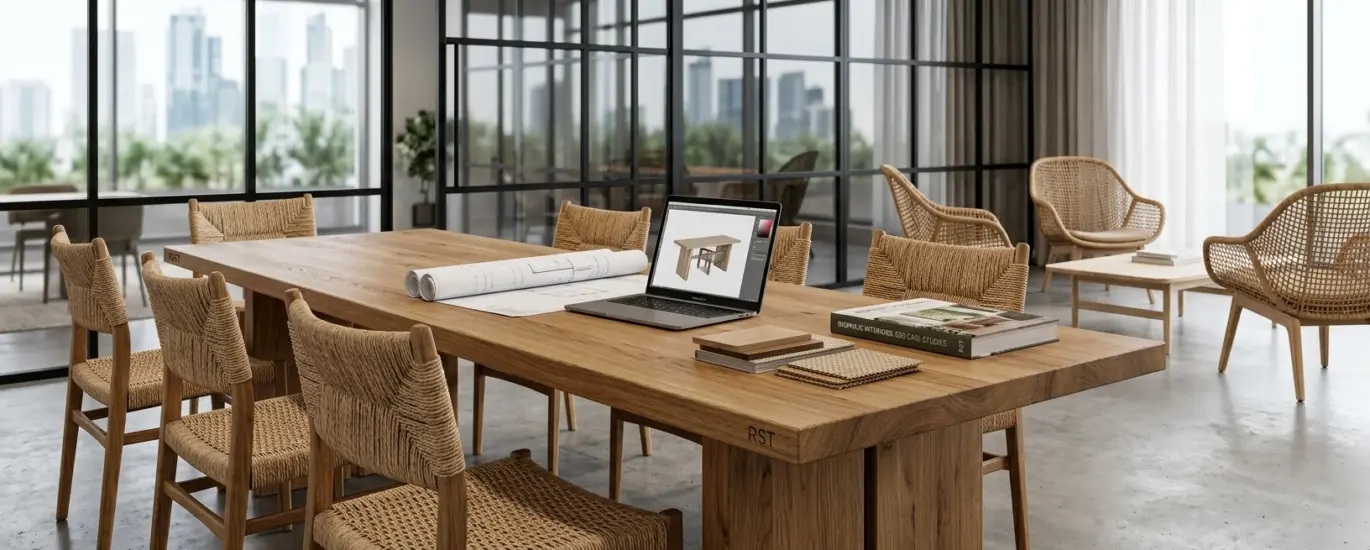 A wide panoramic photograph of a light oak communal table paired with woven paper cord chairs in a modern office breakout area, overlooking a city skyline, representing RST's biophilic contract furniture solutions.